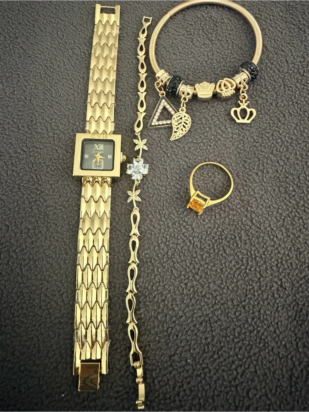 Gold Tone Women's Jewelry Set with Watch, Bracelet, Ring and Charm Bangle